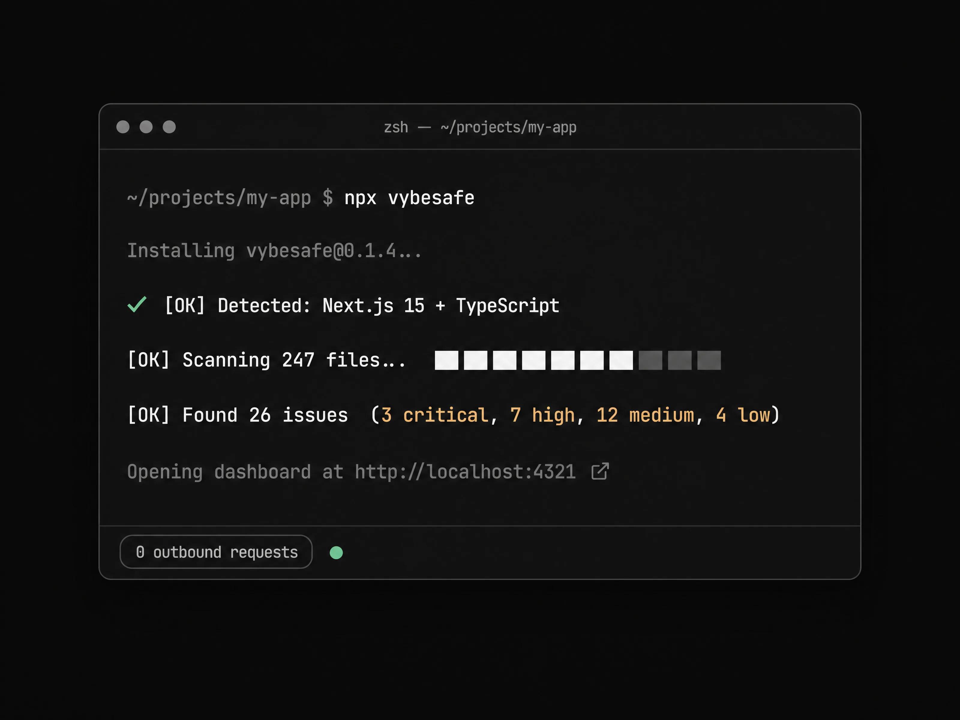 Terminal running npx vybesafe and detecting Next.js